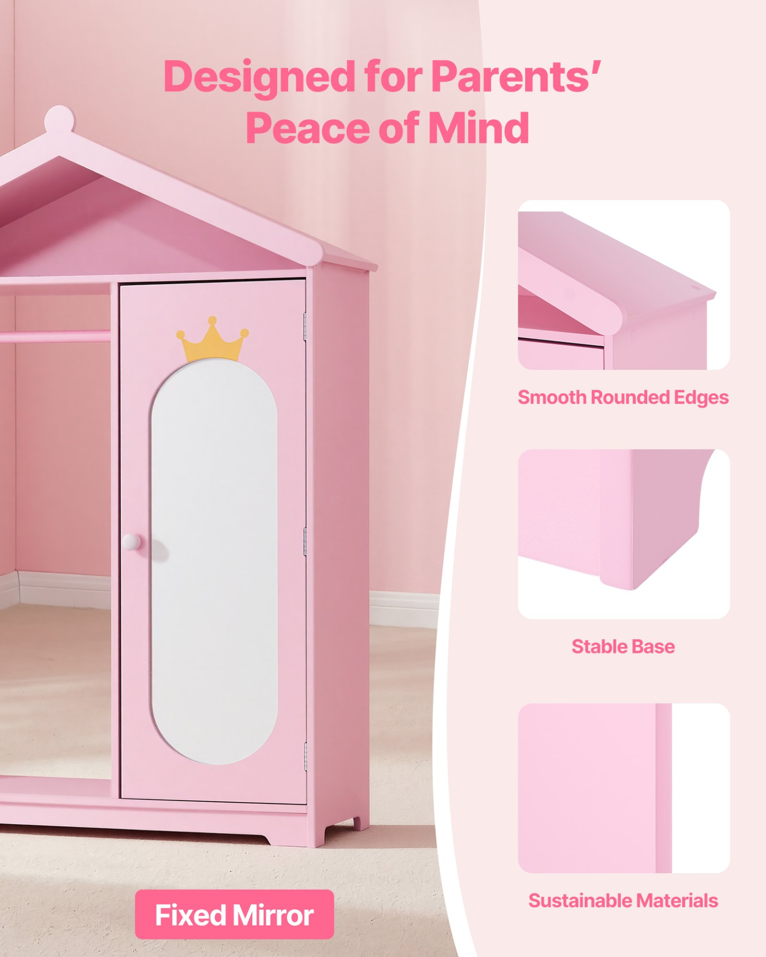 Kids Dress Up Storage Closet with Mirror – Princess Wardrobe Organizer Pink
