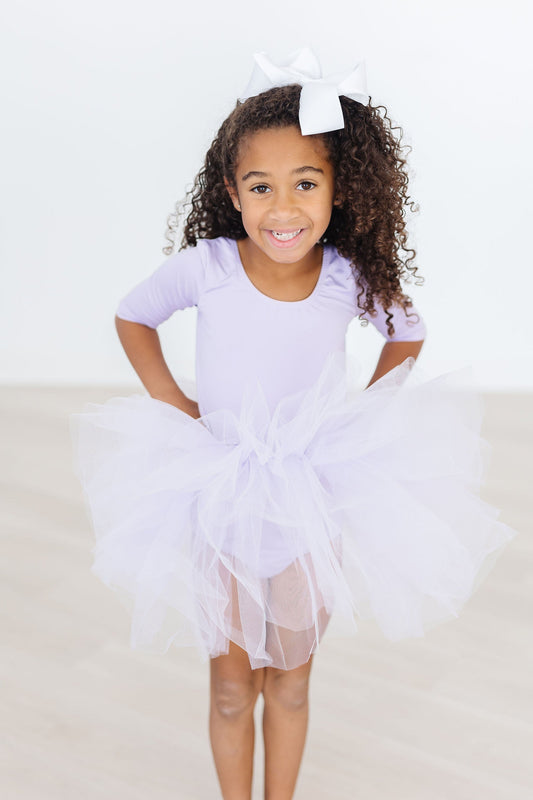 💜 LilacTwirl 3/4 Sleeve Tutu Leotard 🩰 – Elegant Lavender Dancewear for Girls