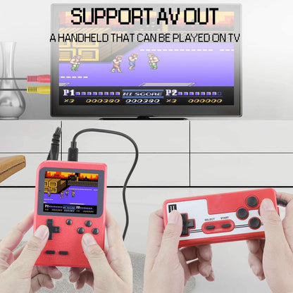 Handheld gaming console with TV connection, displaying classic games.