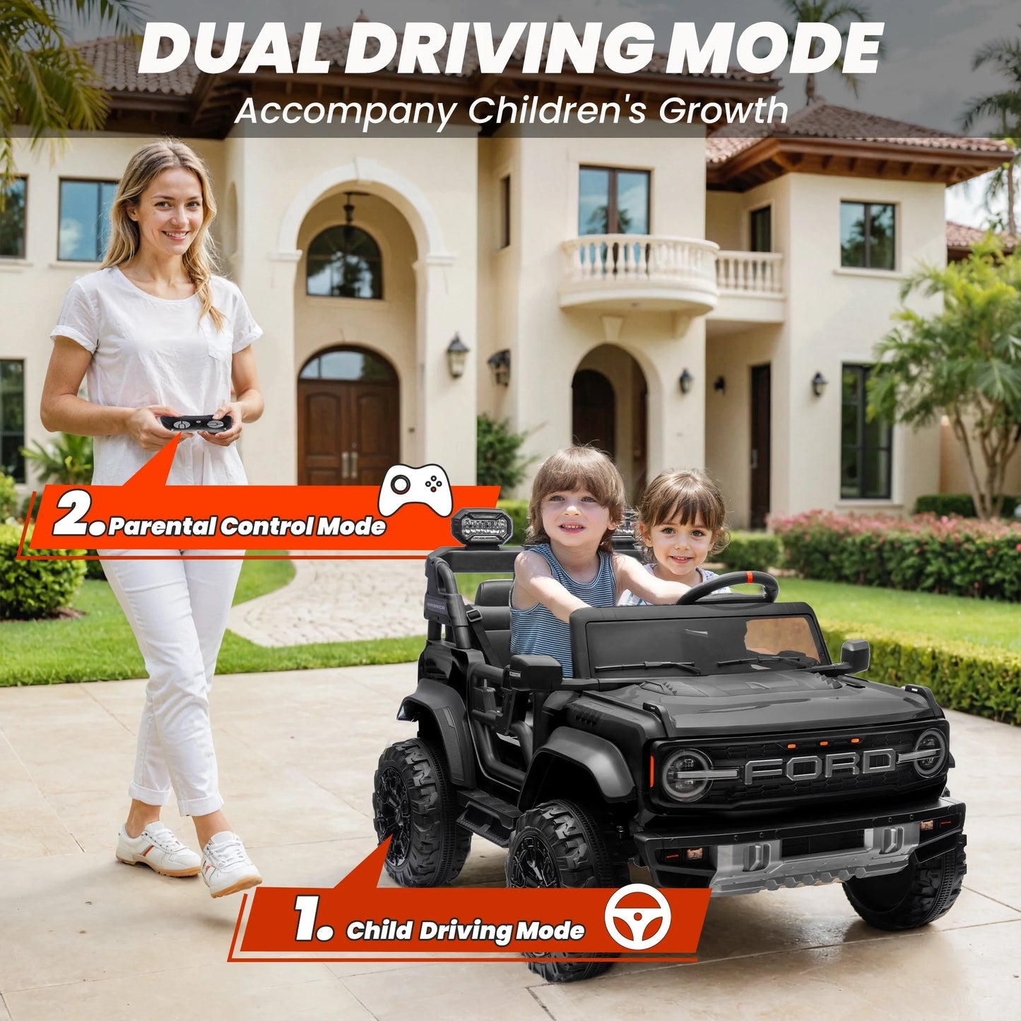 24V 2 Seater Ride on Cars, Licensed Ford Bronco Raptor Powered Ride on Toys Truck with Remote Control, 4 Wheels Spring Suspension, Bluetooth, LED Light, Electric Cars for Kids Ages 3-8 Gifts, Black