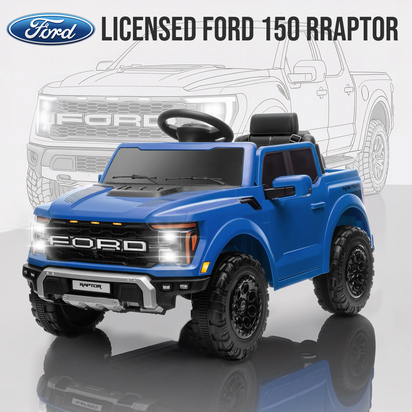 12V Ride on Cars with Remote Control, Licensed Ford F 150 Raptor Powered Ride on Toys with Bluetooth, Radio, LED Light, 4 Wheels Suspension, Kids Cars Electric Vehicles for Boys Girls Ages 3-6, Blue