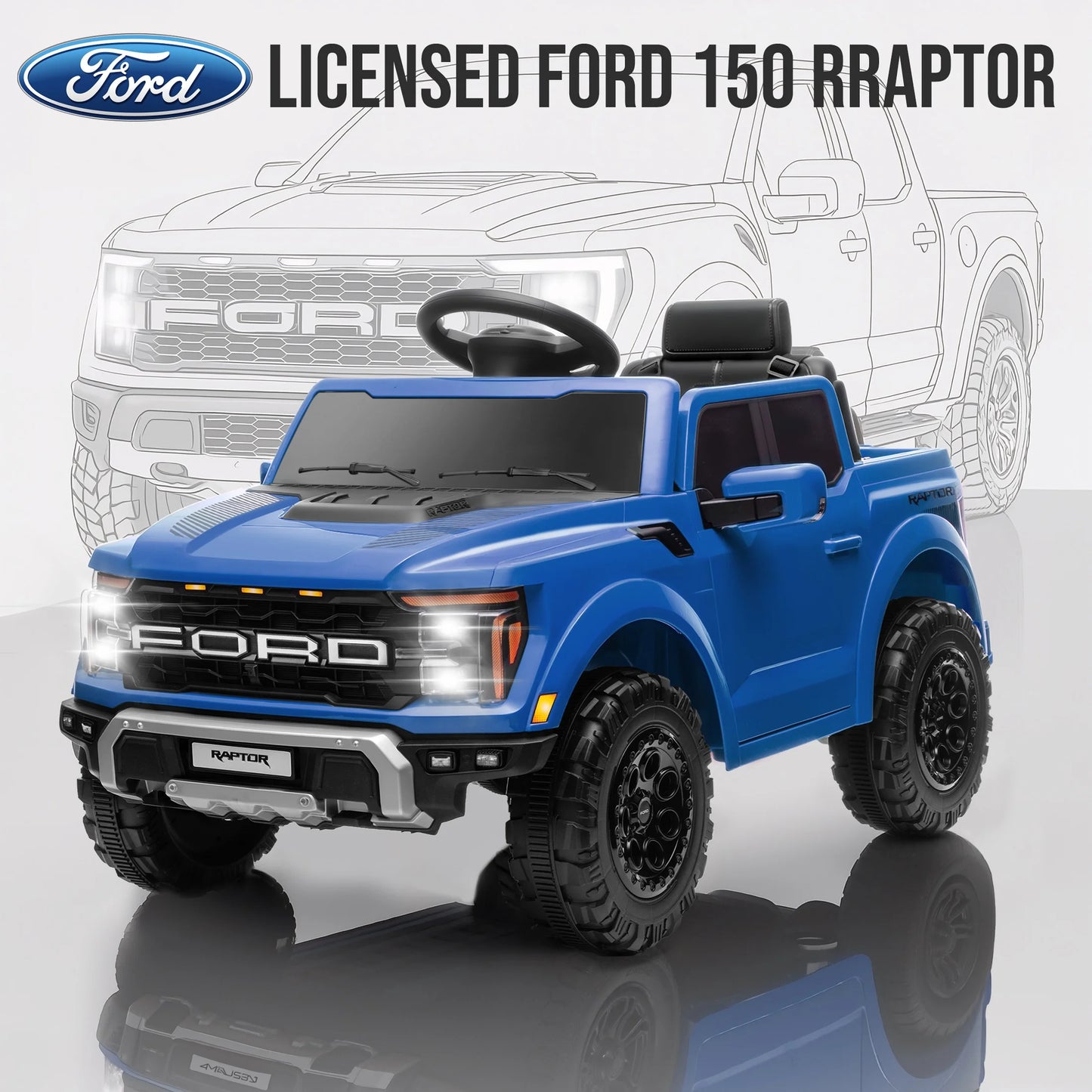 12V Ride on Cars with Remote Control, Licensed Ford F 150 Raptor Powered Ride on Toys with Bluetooth, Radio, LED Light, 4 Wheels Suspension, Kids Cars Electric Vehicles for Boys Girls Ages 3-6, Blue