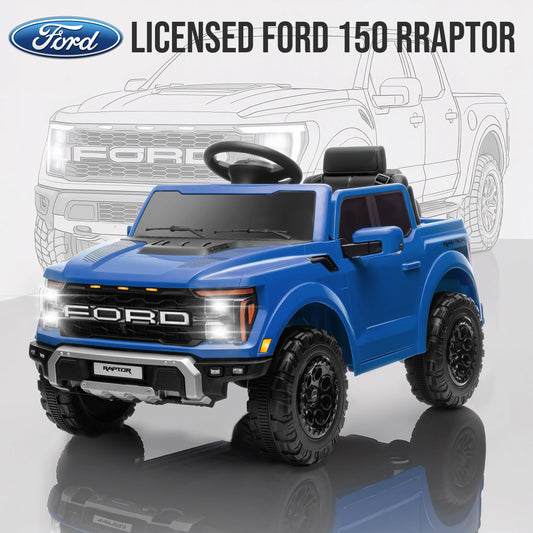 12V Ride on Cars with Remote Control, Licensed Ford F 150 Raptor Powered Ride on Toys with Bluetooth, Radio, LED Light, 4 Wheels Suspension, Kids Cars Electric Vehicles for Boys Girls Ages 3-6, Blue