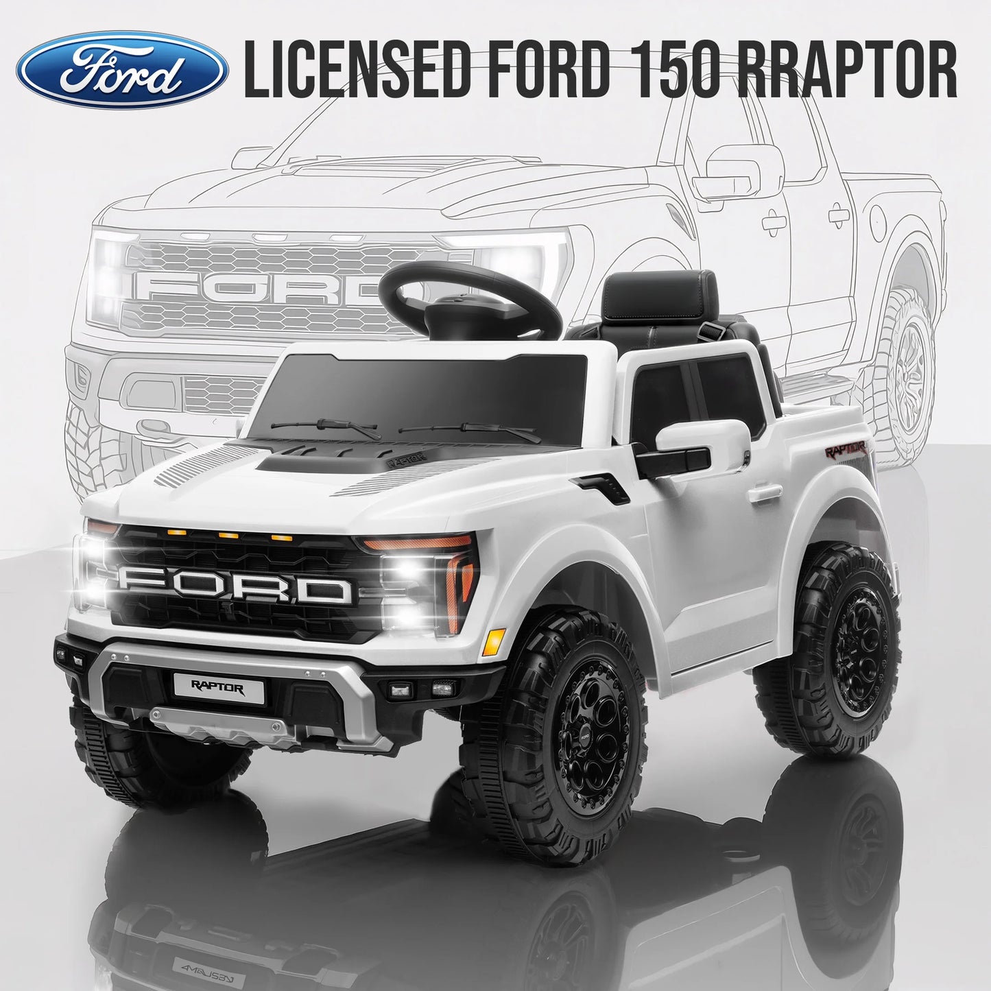 Exciting 12V Ford F 150 Raptor Ride-On Car with Remote Control - Bluetooth, LED Lights & Music for Kids Aged 3-6 - Perfect Adventure Vehicle in White