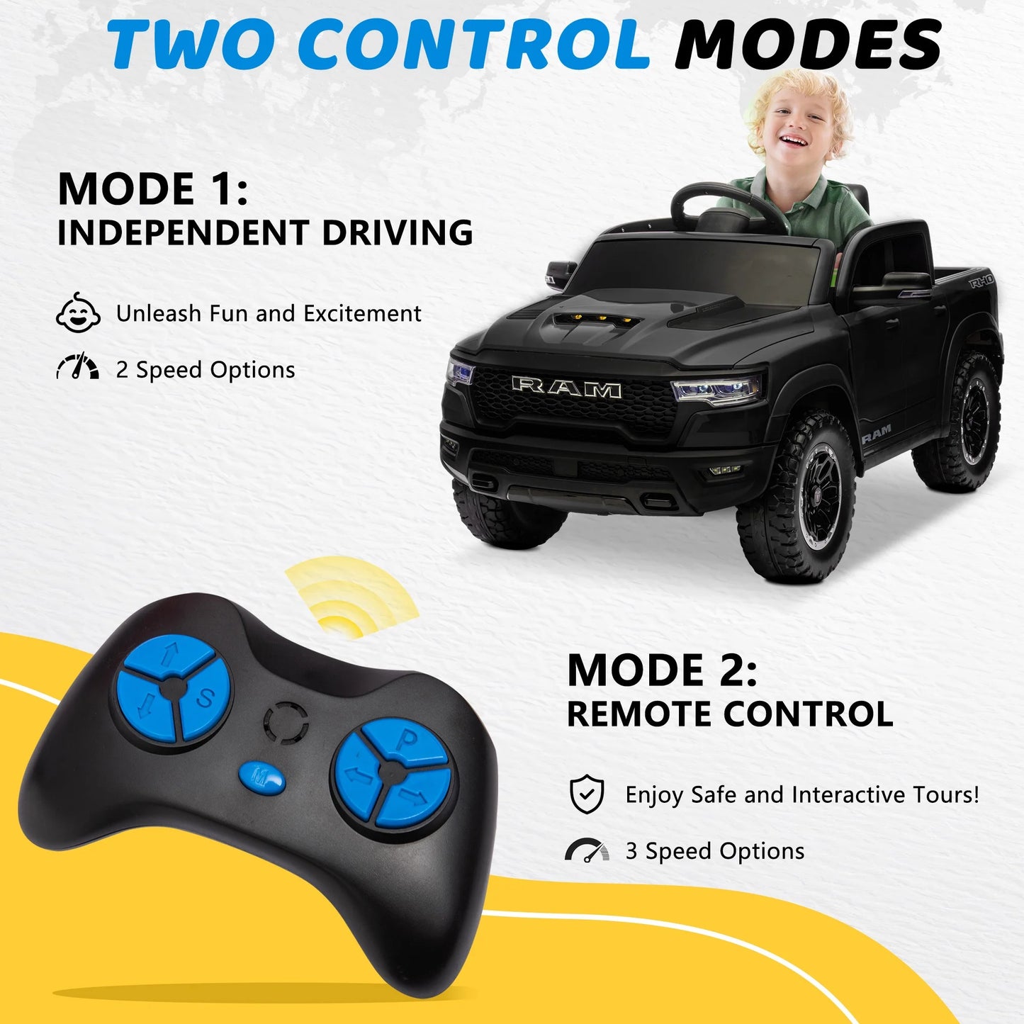 RAM 1500 Ride on Car Toy for Kids, 12V Powered Ride on Truck Toy with Remote Control, 4 Wheel Suspension, Safety Belt, Music, Bluetooth, LED Lights, Electric Cars for 3-5 Yrs Boy Girl, Black