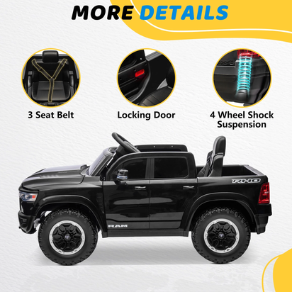 RAM 1500 Ride on Car Toy for Kids, 12V Powered Ride on Truck Toy with Remote Control, 4 Wheel Suspension, Safety Belt, Music, Bluetooth, LED Lights, Electric Cars for 3-5 Yrs Boy Girl, Black