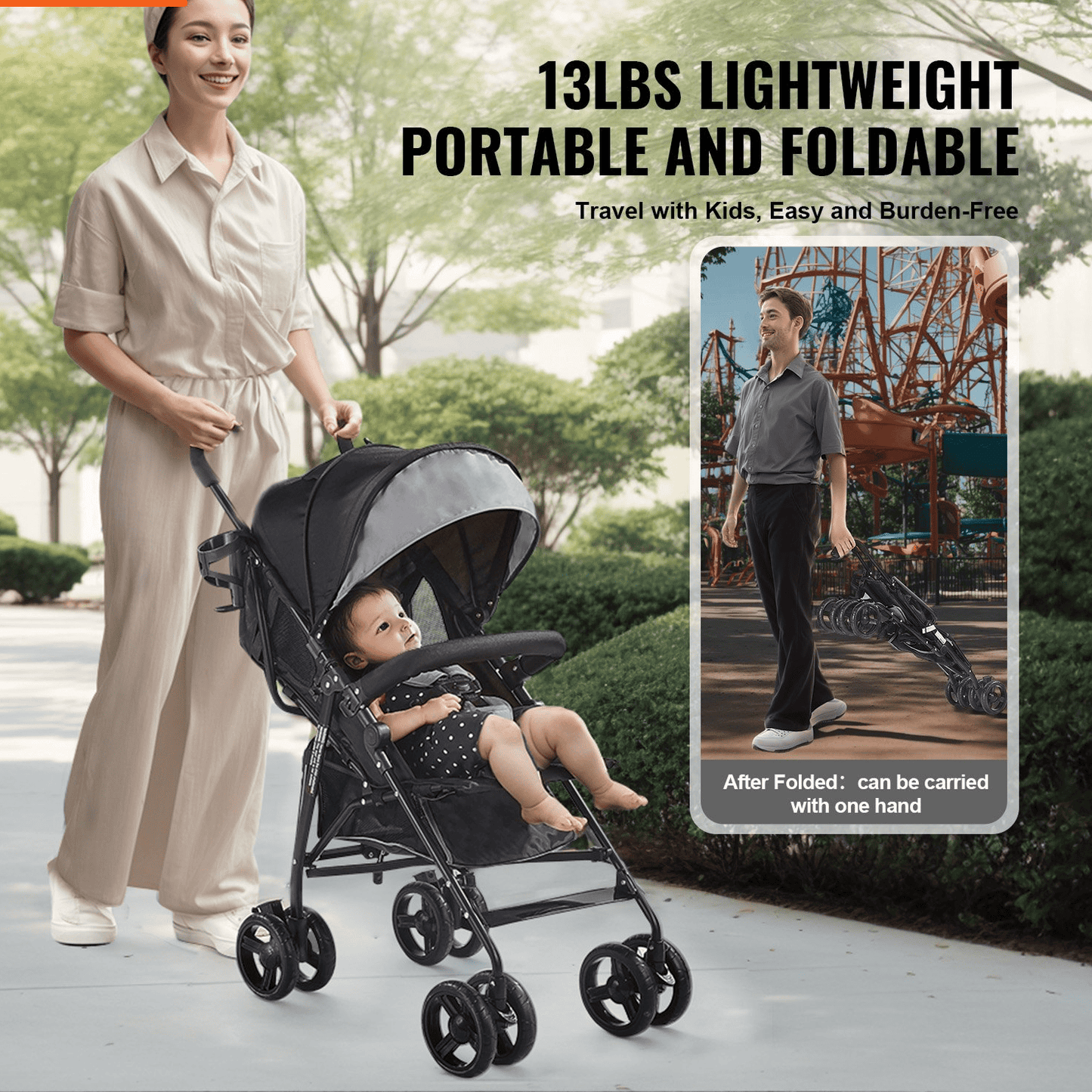 Lightweight Stroller Compact Easy Fold Adjustable Backrest Light Gray/Black - The Little Big Store