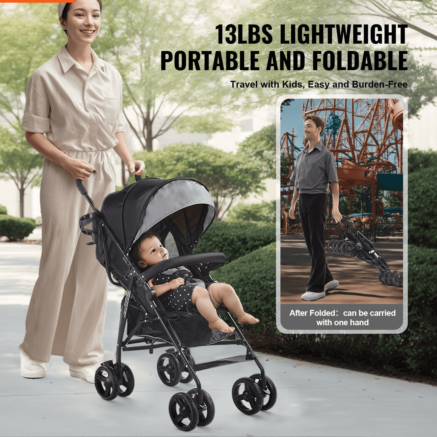 Lightweight Stroller Compact Easy Fold Adjustable Backrest Light Gray/Black - The Little Big Store