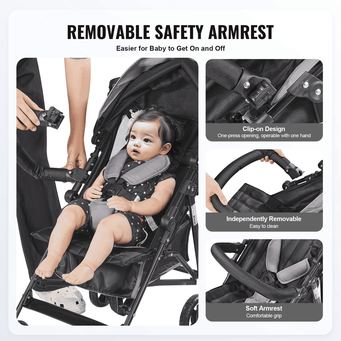 Lightweight Stroller Compact Easy Fold Adjustable Backrest Light Gray/Black - The Little Big Store