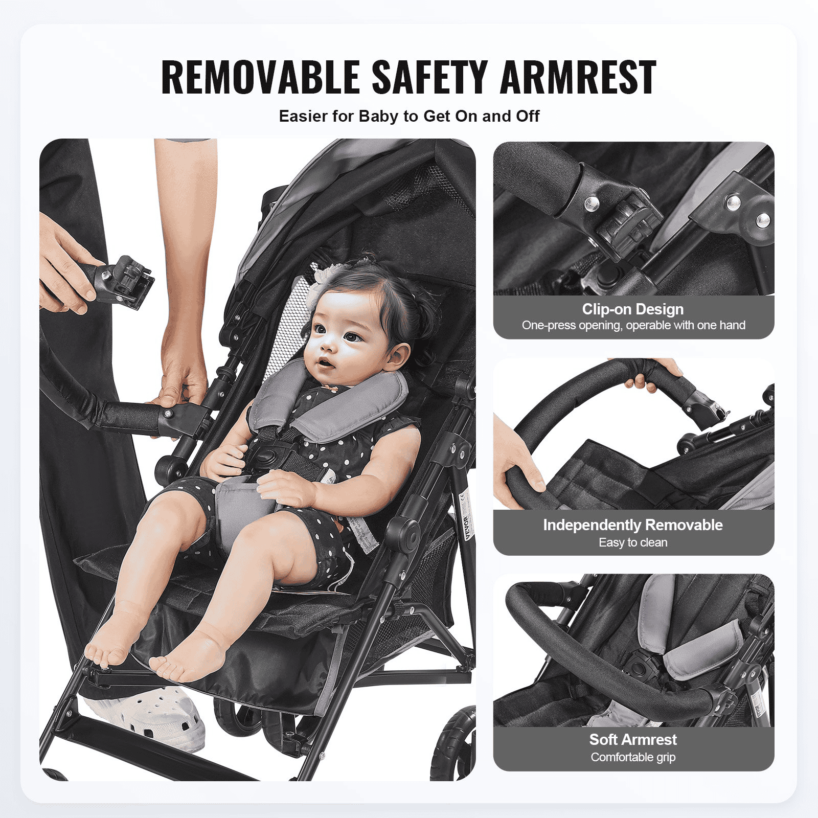 Lightweight Stroller Compact Easy Fold Adjustable Backrest Light Gray/Black - The Little Big Store