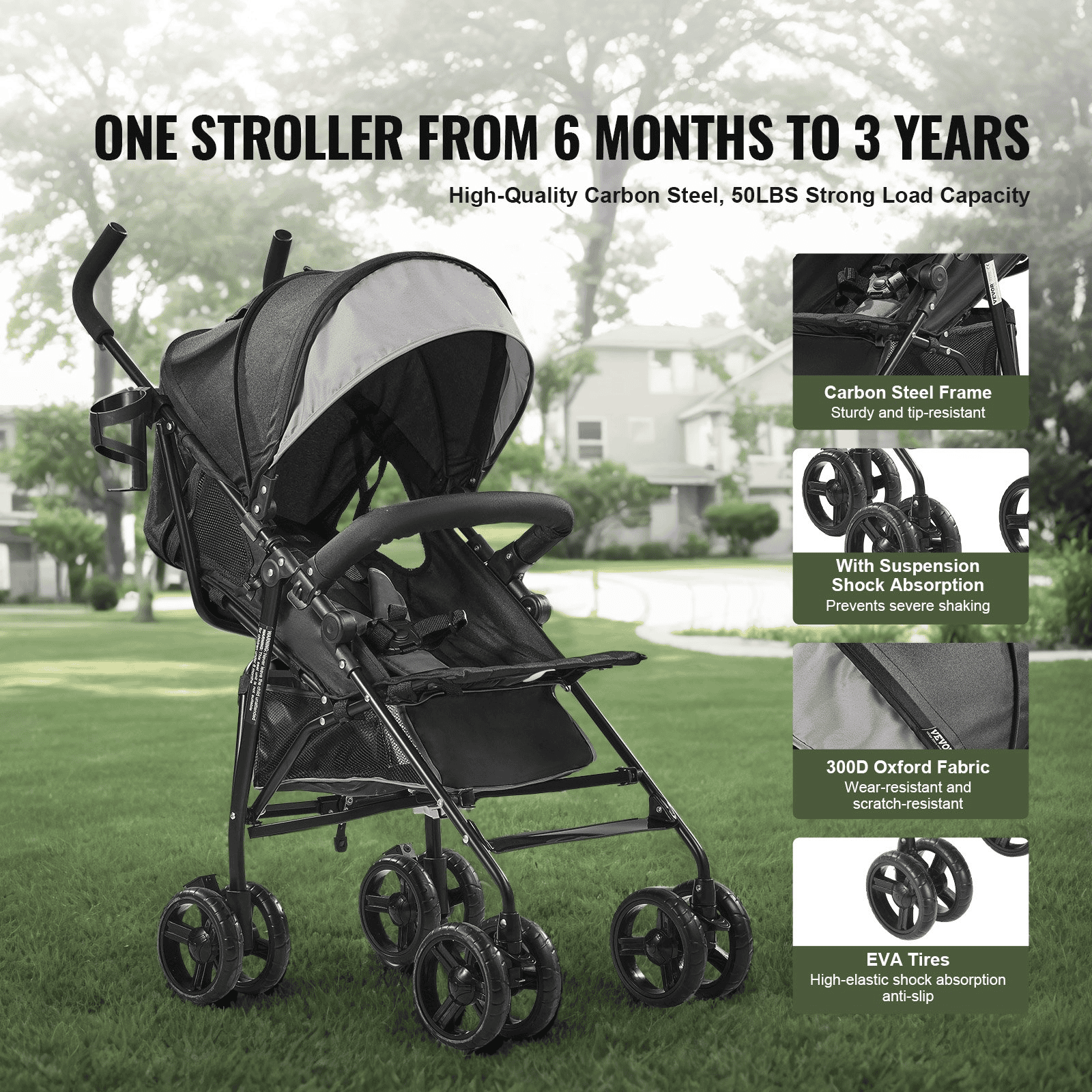 Lightweight Stroller Compact Easy Fold Adjustable Backrest Light Gray/Black - The Little Big Store