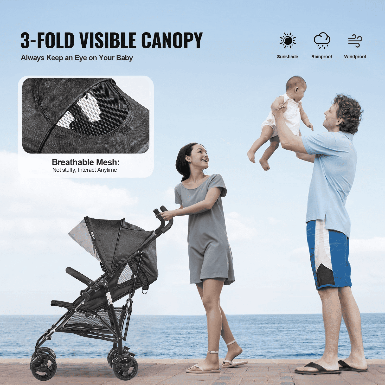 Lightweight Stroller Compact Easy Fold Adjustable Backrest Light Gray/Black - The Little Big Store