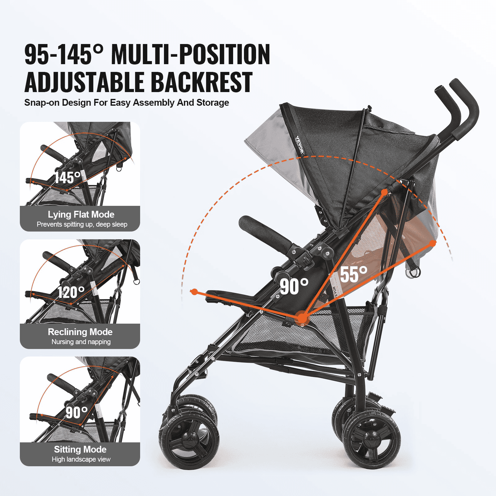 Lightweight Stroller Compact Easy Fold Adjustable Backrest Light Gray/Black - The Little Big Store