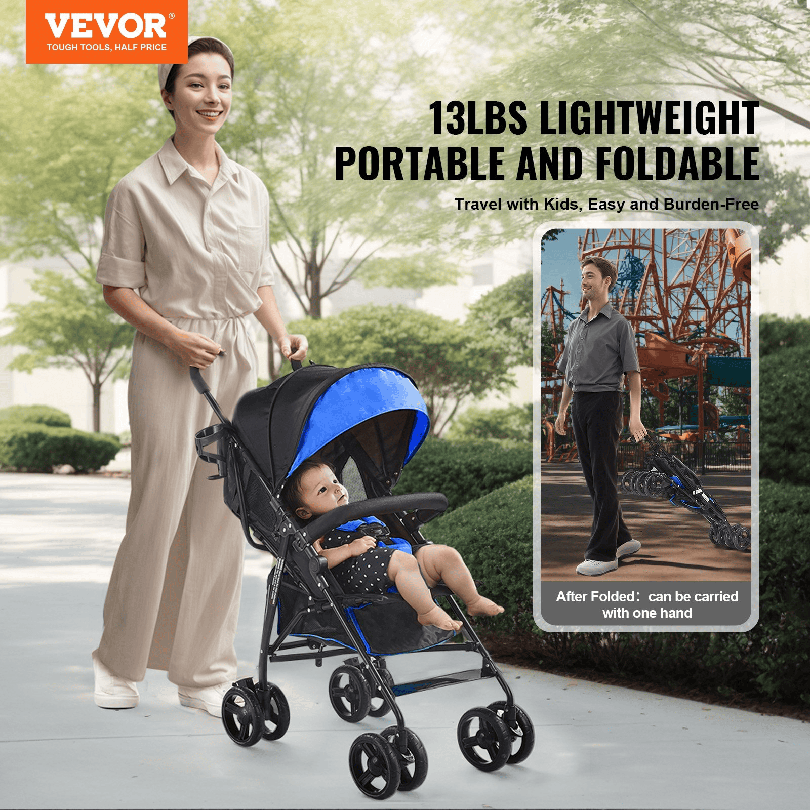 Lightweight Stroller Compact Easy Fold Adjustable Backrest Black/Blue - The Little Big Store