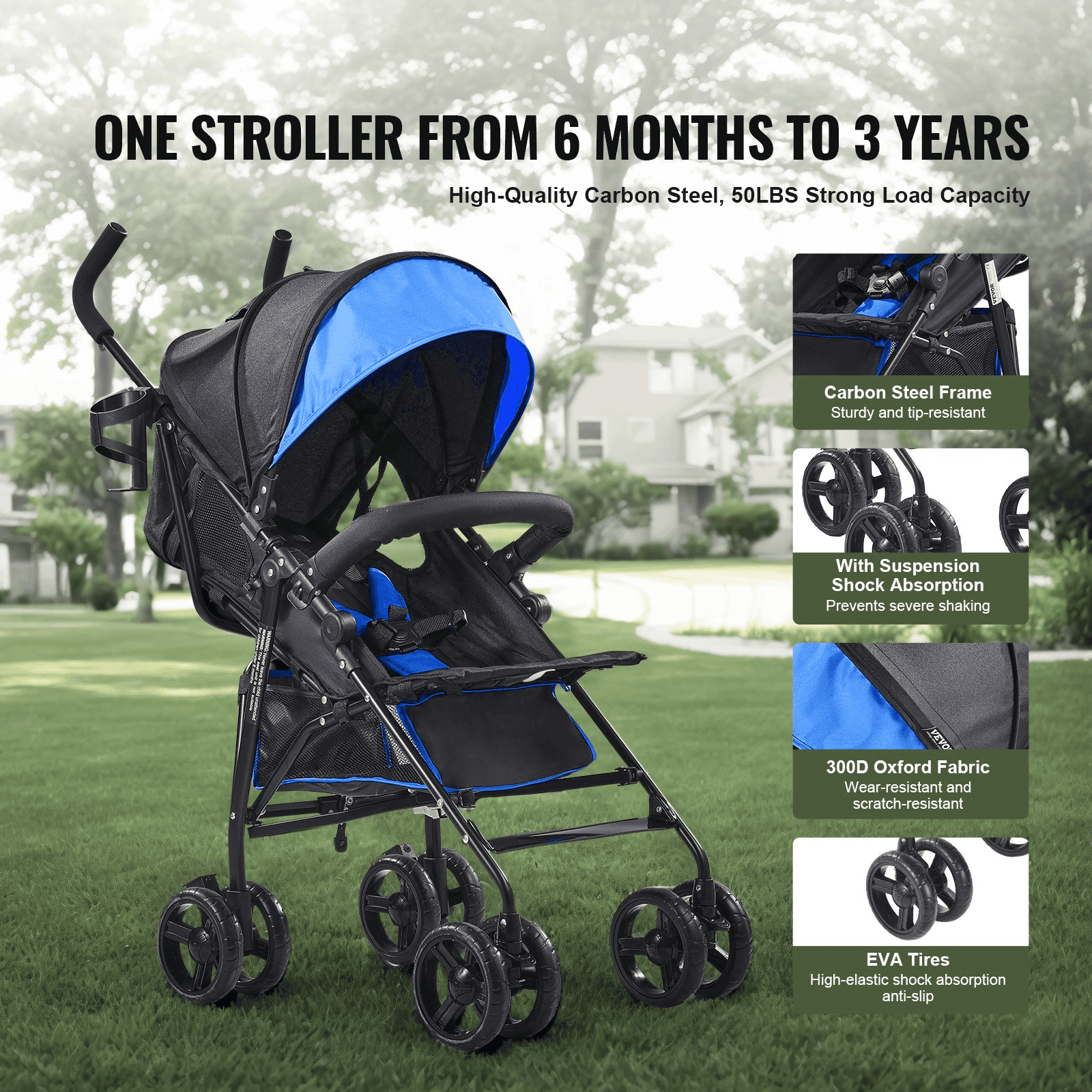 Lightweight Stroller Compact Easy Fold Adjustable Backrest Black/Blue - The Little Big Store