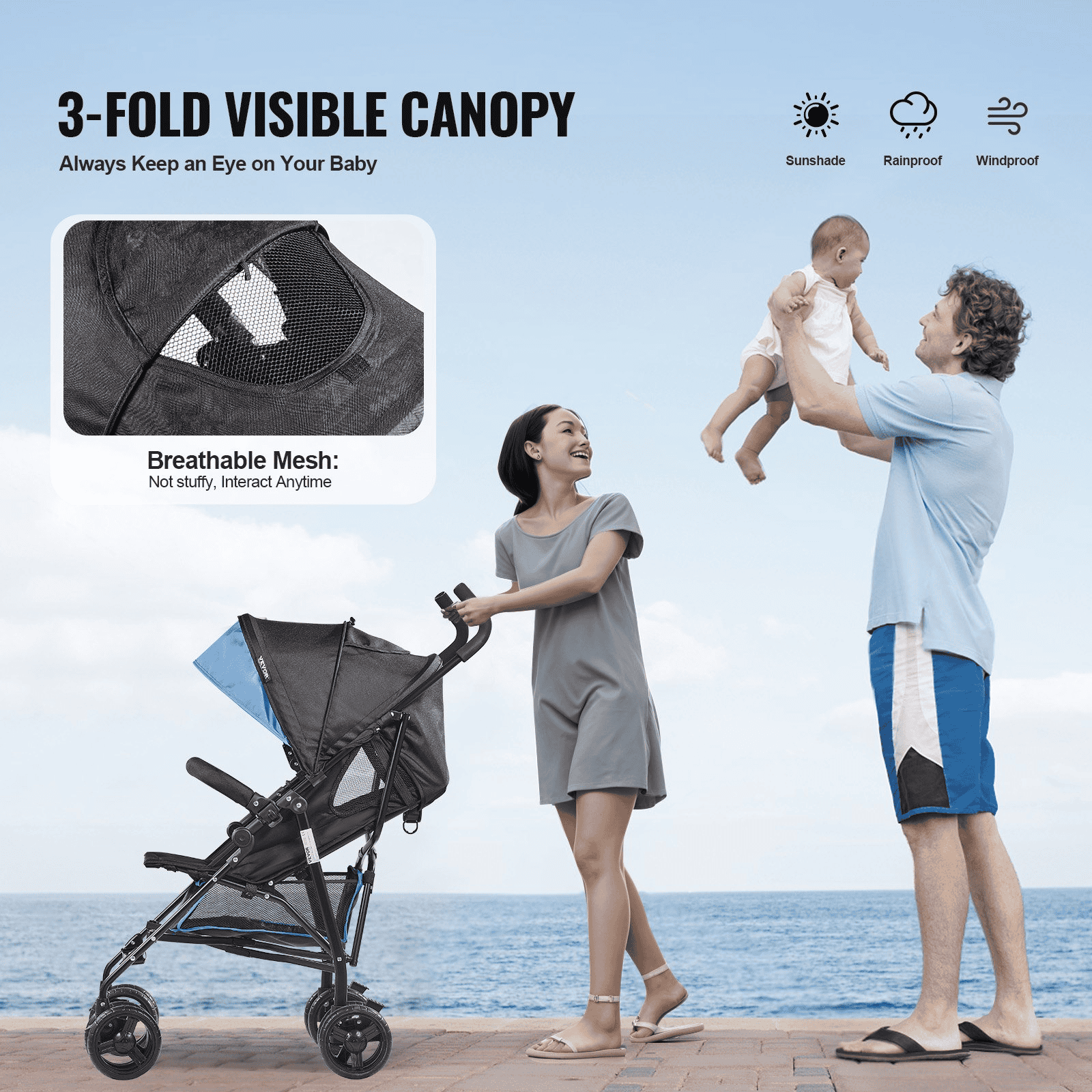 Lightweight Stroller Compact Easy Fold Adjustable Backrest Black/Blue - The Little Big Store
