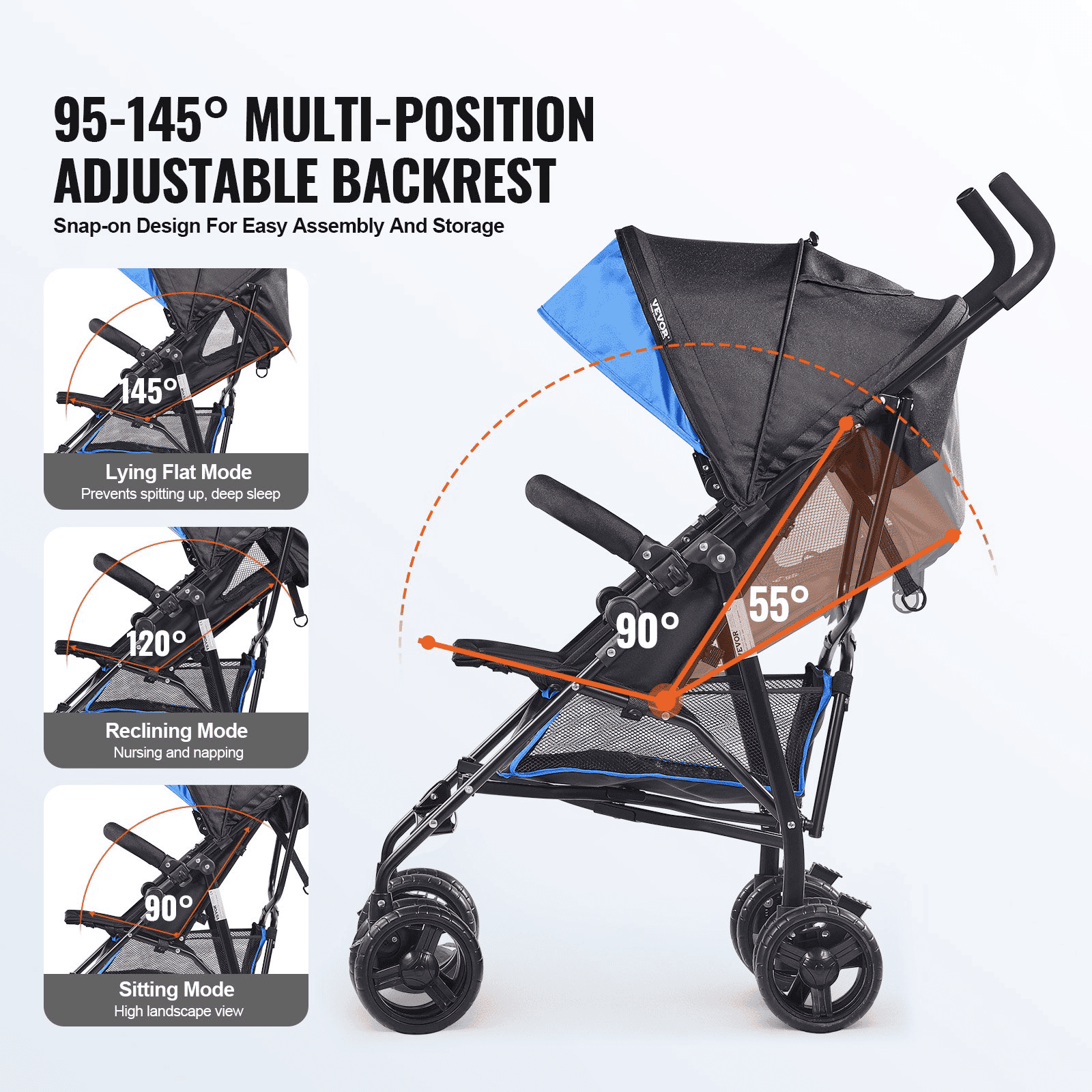 Lightweight Stroller Compact Easy Fold Adjustable Backrest Black/Blue - The Little Big Store