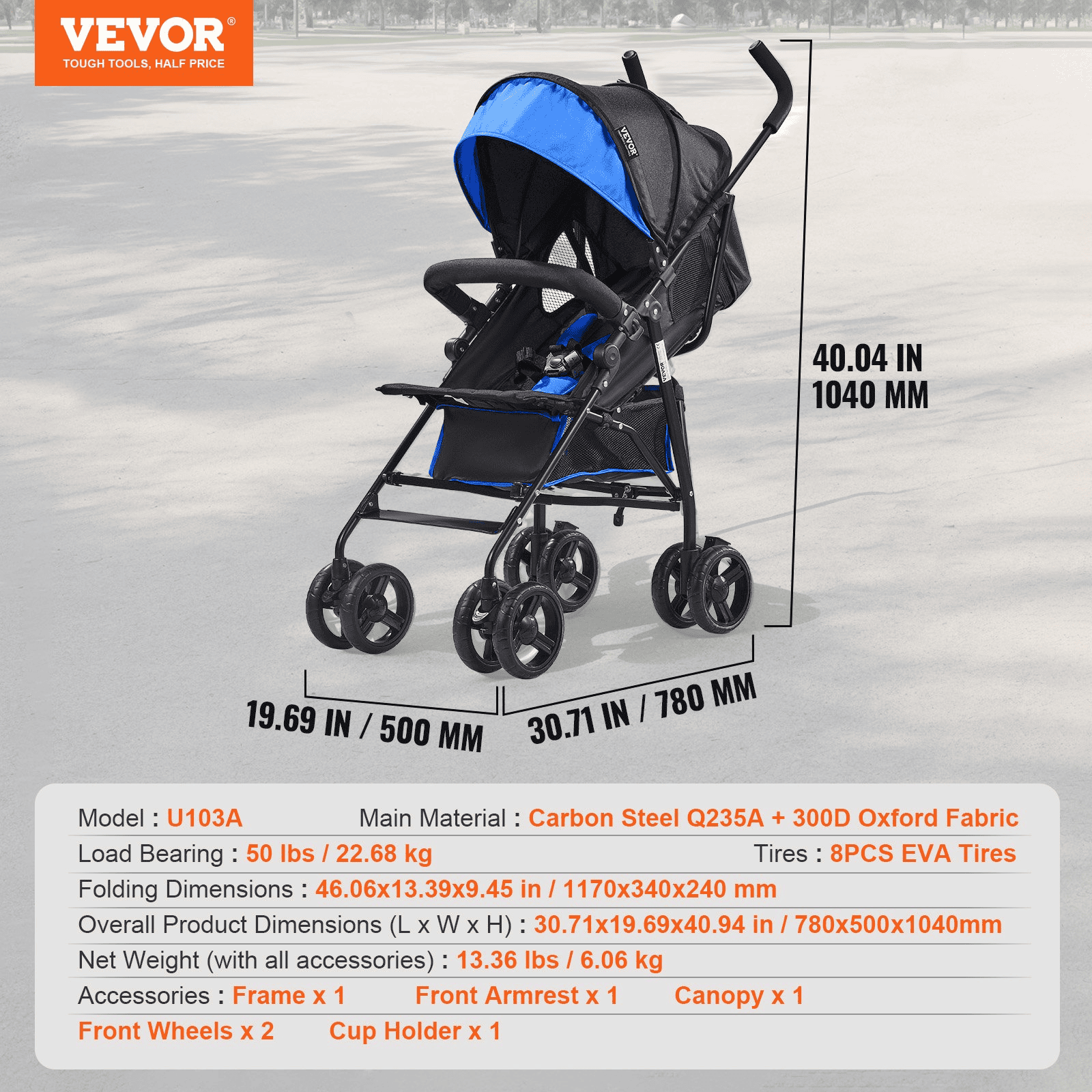 Lightweight Stroller Compact Easy Fold Adjustable Backrest Black/Blue - The Little Big Store
