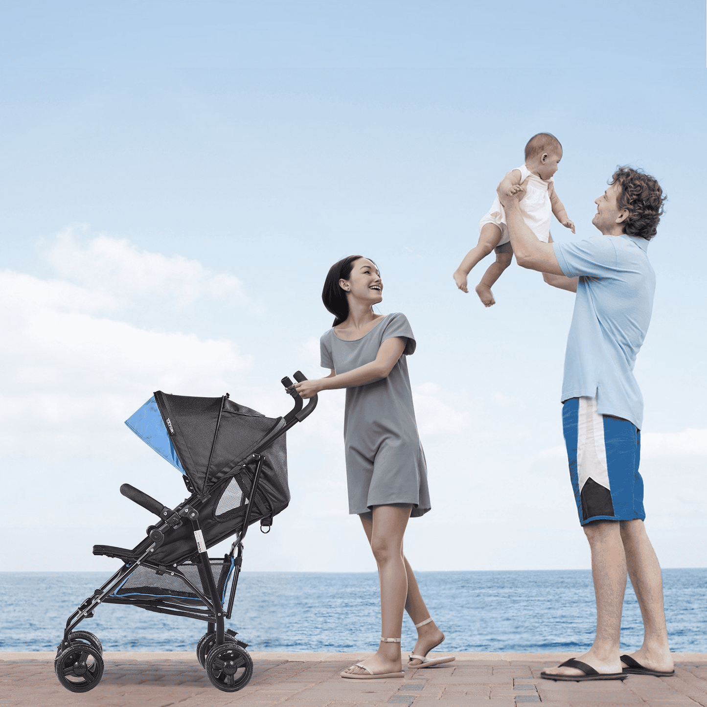 Lightweight Stroller Compact Easy Fold Adjustable Backrest Black/Blue - The Little Big Store