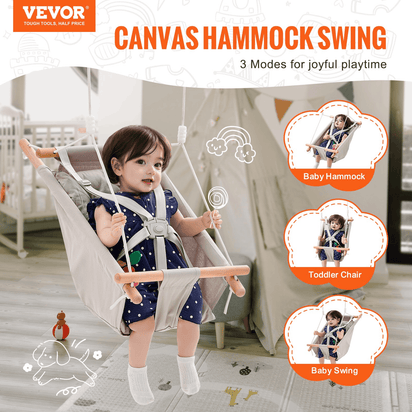 VEVOR Canvas Hammock Swing 3 Modes Baby Swing 5-Point Harness Indoor Outdoor - The Little Big Store