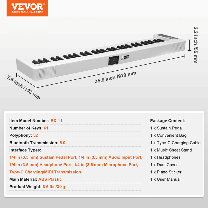 VEVOR 61 Key Folding Keyboard Piano Portable Foldable Piano Bluetooth MIDI White - The Little Big Store