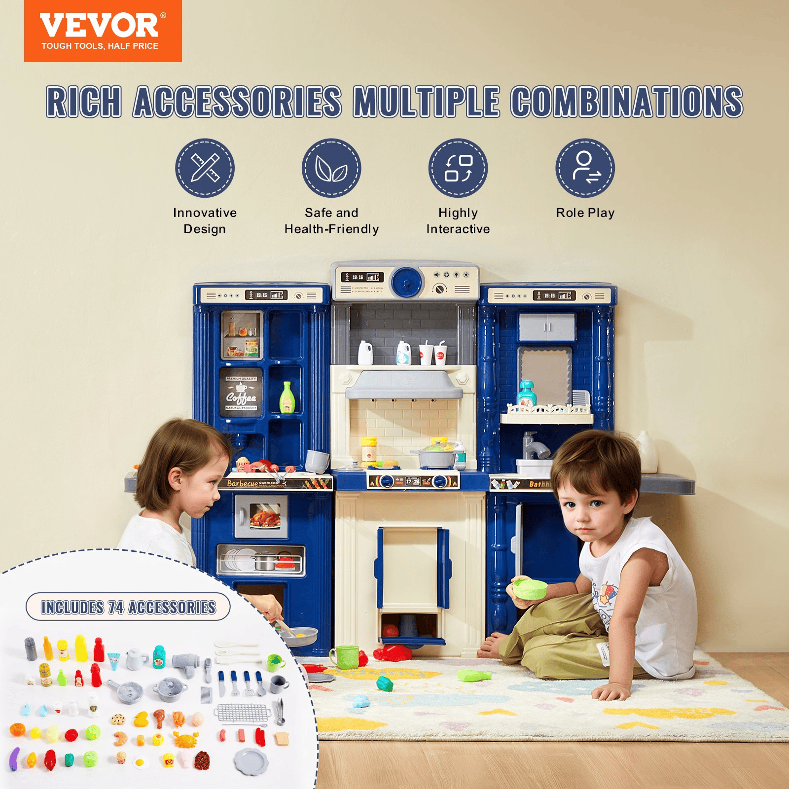 Christmas Gift! VEVOR Kitchen Playset Kids Pretend Cooking Play Toy 74 Piece Accessories Blue - The Little Big Store