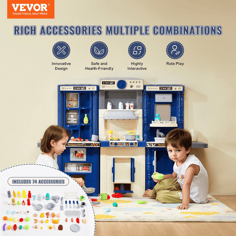 Christmas Gift! VEVOR Kitchen Playset Kids Pretend Cooking Play Toy 74 Piece Accessories Blue