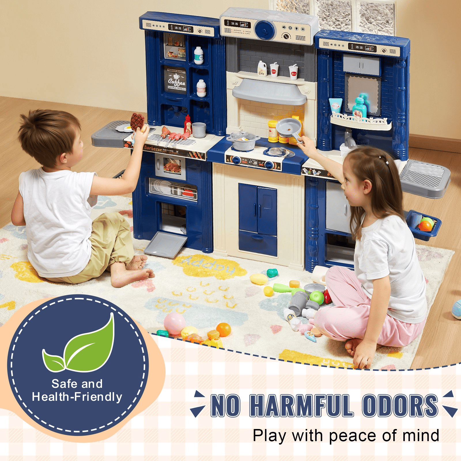 Christmas Gift! VEVOR Kitchen Playset Kids Pretend Cooking Play Toy 74 Piece Accessories Blue - The Little Big Store