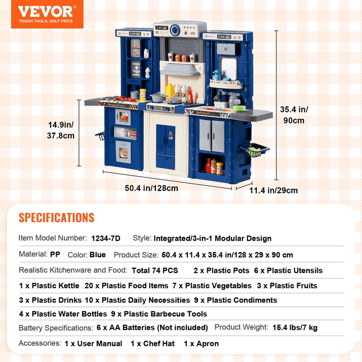 Christmas Gift! VEVOR Kitchen Playset Kids Pretend Cooking Play Toy 74 Piece Accessories Blue - The Little Big Store