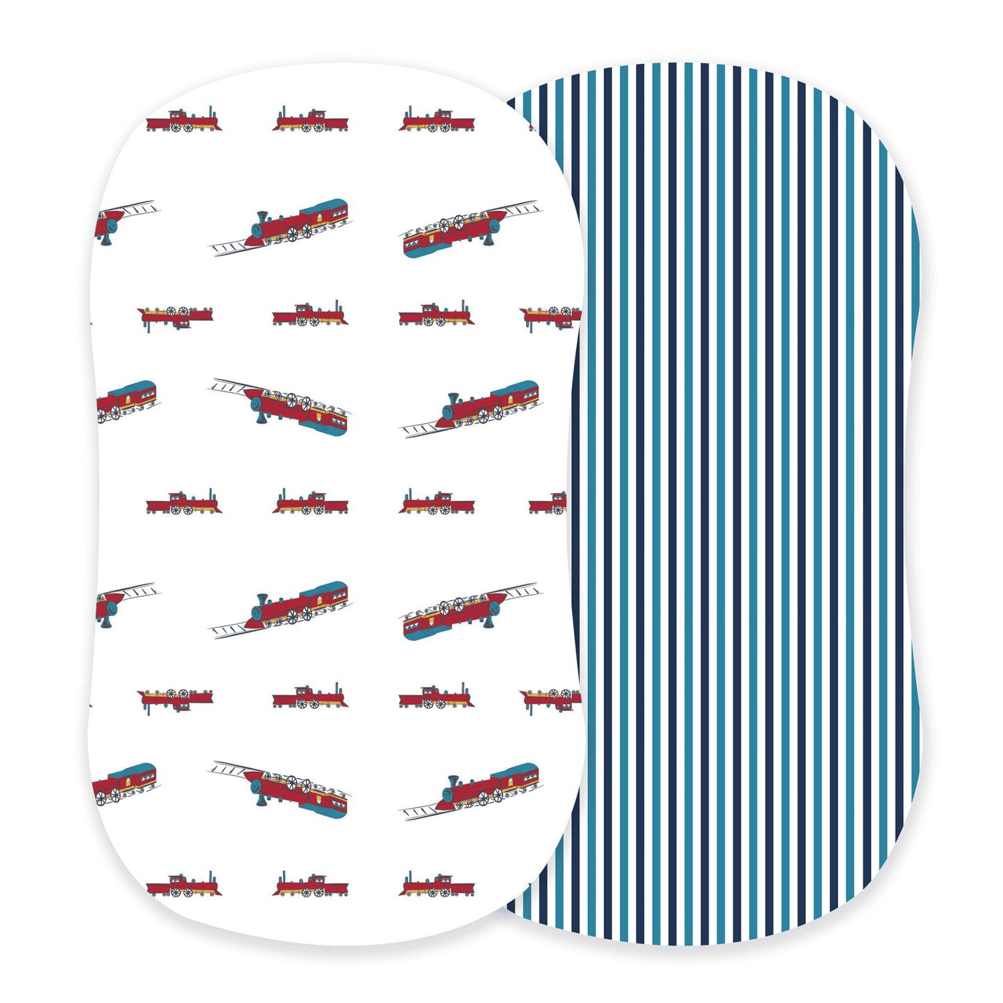 Vintage Steam Trains and Blue and White Stripe Bamboo Changing Pad Cover/Bassinet Sheets - The Little Big Store