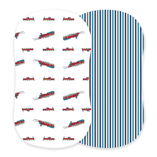 Vintage Steam Trains and Blue and White Stripe Bamboo Changing Pad Cover/Bassinet Sheets - The Little Big Store