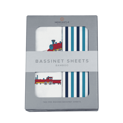 Vintage Steam Trains and Blue and White Stripe Bamboo Changing Pad Cover/Bassinet Sheets - The Little Big Store