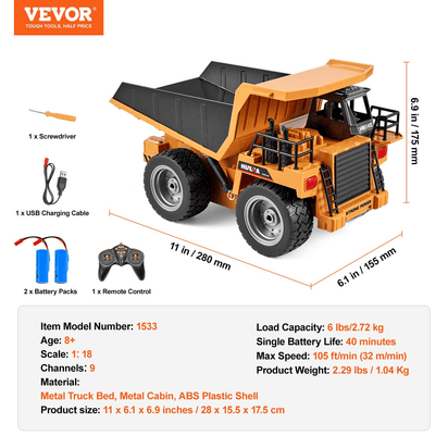VEVOR RC Remote Control Dump Truck Toy Construction Vehicle Toy 9CH 1:18 Scale - The Little Big Store