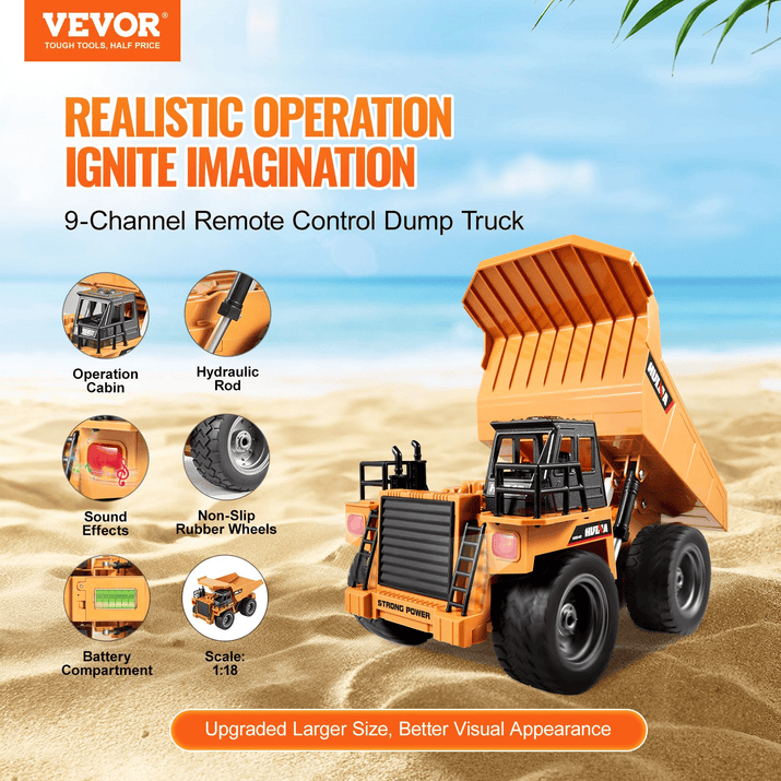 VEVOR RC Remote Control Dump Truck Toy Construction Vehicle Toy 9CH 1:18 Scale - The Little Big Store