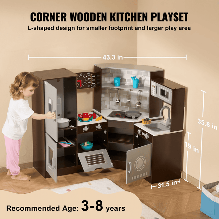 Kitchen Playset Kids Pretend Cooking Play Toy 24 Piece Accessories Brown - The Little Big Store