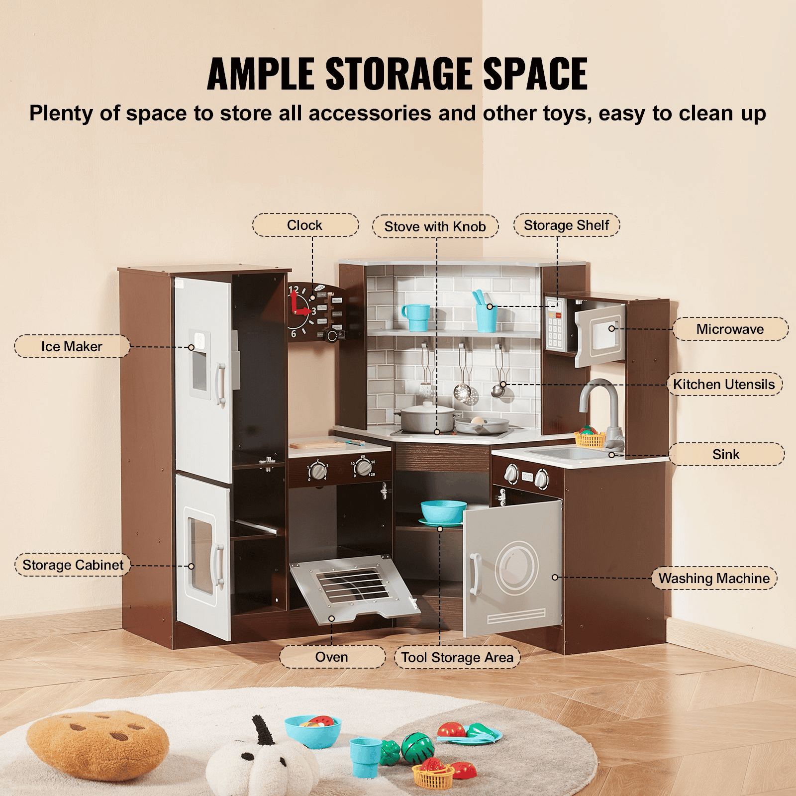 Kitchen Playset Kids Pretend Cooking Play Toy 24 Piece Accessories Brown - The Little Big Store