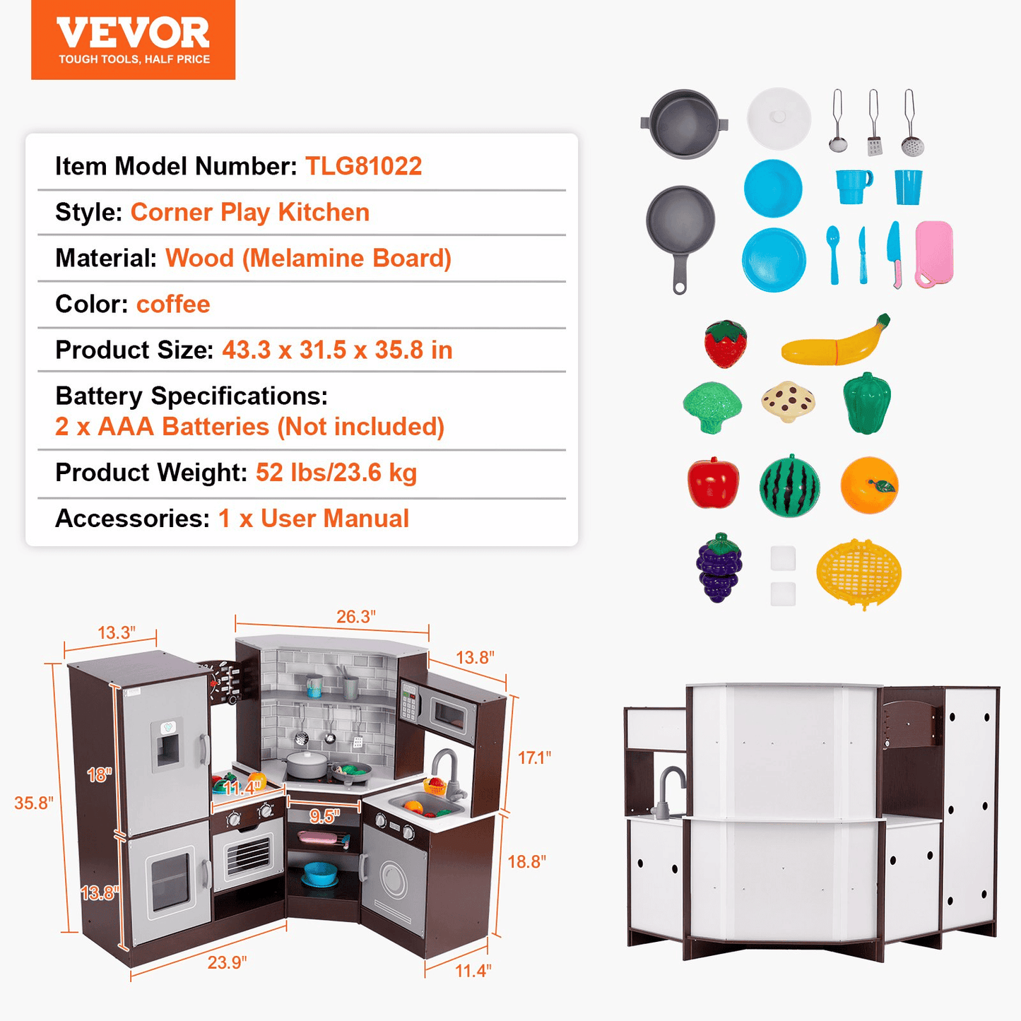 Kitchen Playset Kids Pretend Cooking Play Toy 24 Piece Accessories Brown - The Little Big Store