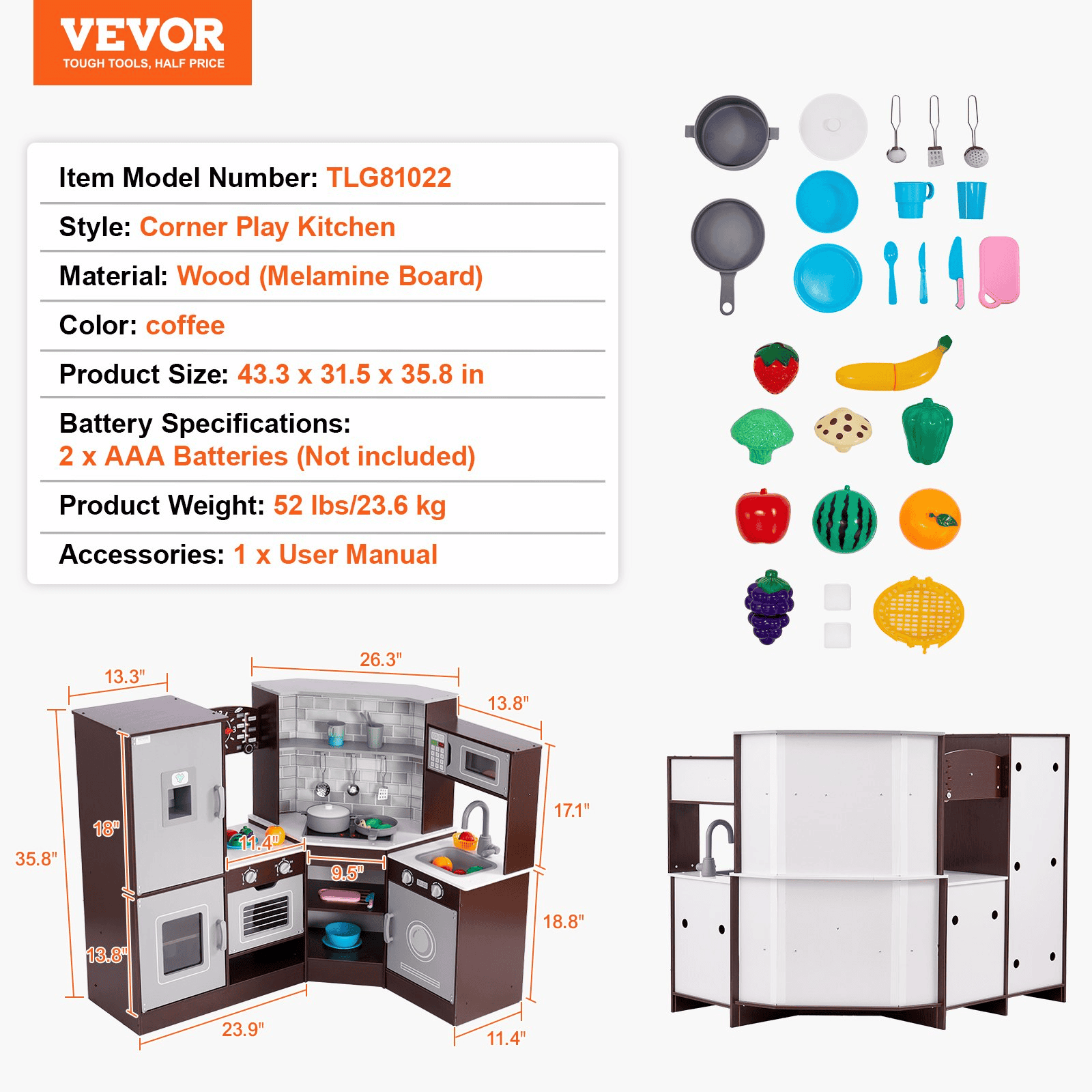 Kitchen Playset Kids Pretend Cooking Play Toy 24 Piece Accessories Brown - The Little Big Store
