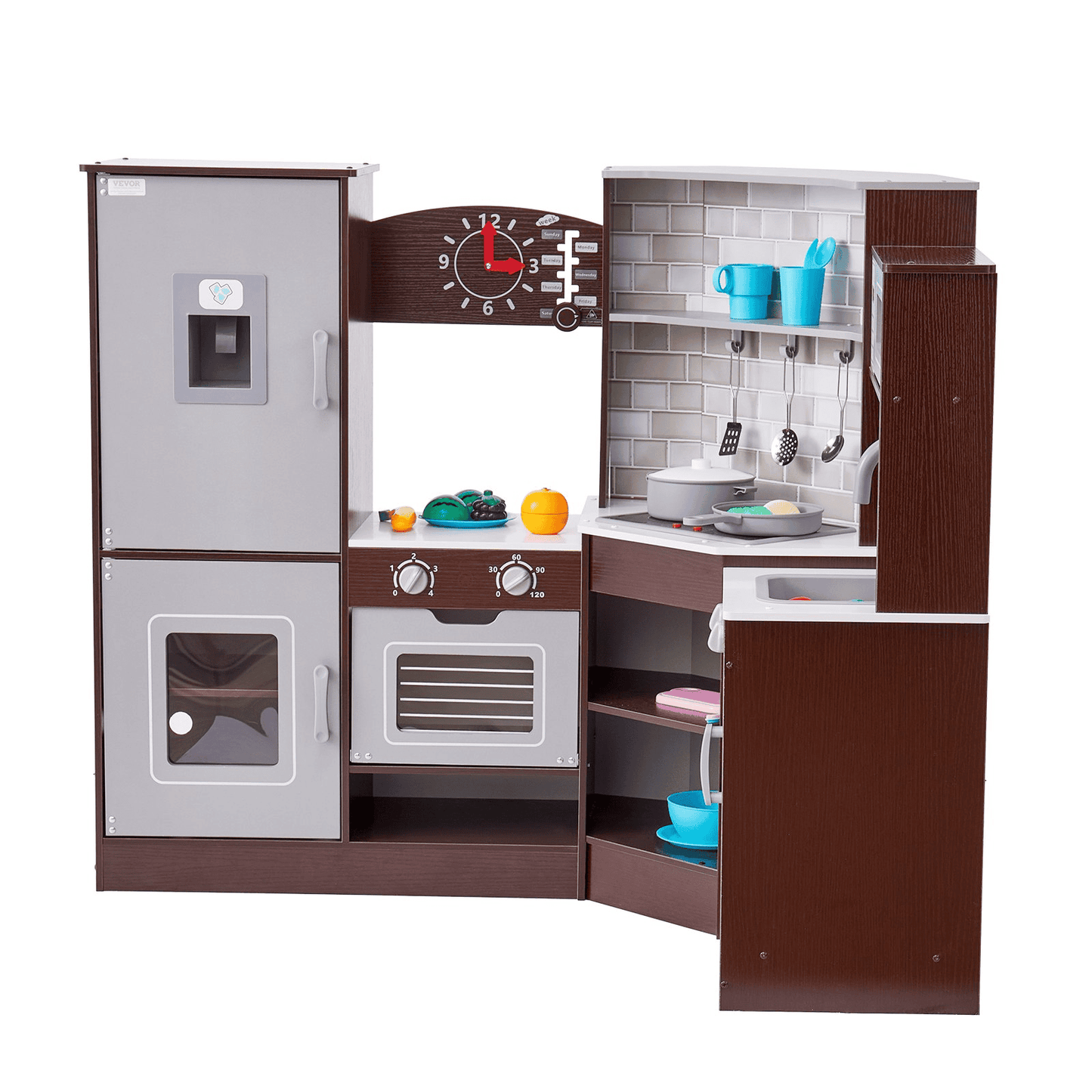Kitchen Playset Kids Pretend Cooking Play Toy 24 Piece Accessories Brown - The Little Big Store