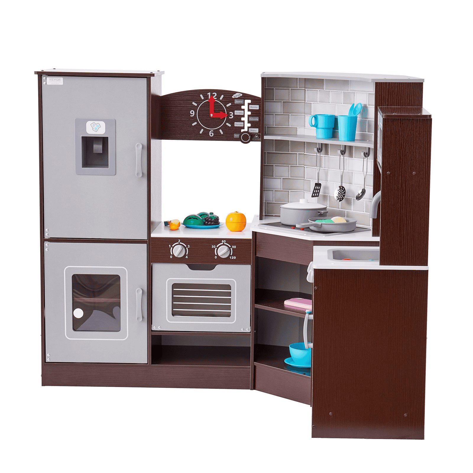 Kitchen Playset Kids Pretend Cooking Play Toy 24 Piece Accessories Brown - The Little Big Store