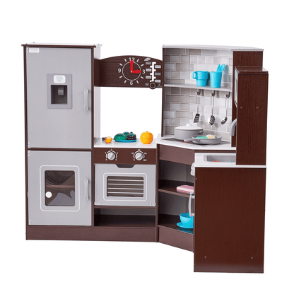 Kitchen Playset Kids Pretend Cooking Play Toy 24 Piece Accessories Brown - The Little Big Store