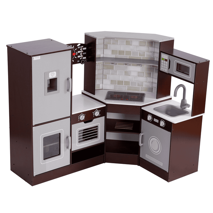 Kitchen Playset Kids Pretend Cooking Play Toy 24 Piece Accessories Brown - The Little Big Store