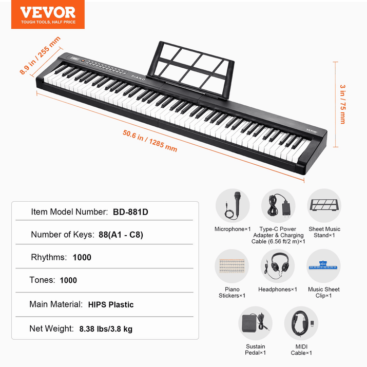 VEVOR 88 Key Digital Piano Keyboard Semi Weighted Full Size Electric Portable - The Little Big Store