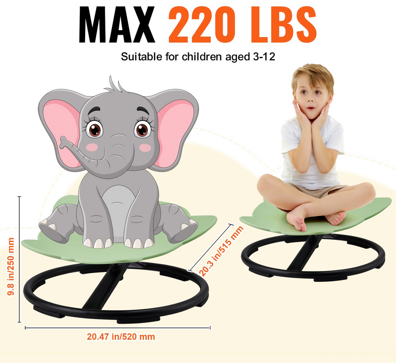 Elephant Kids Swivel Chair, 220 LBS Capacity, 360° Spinning Chair, Autistic Kids Sensory Toy Chair with Non-Slip Metal Base, Toddler Sit and Spin Chair for Coordination Balance Focus Green