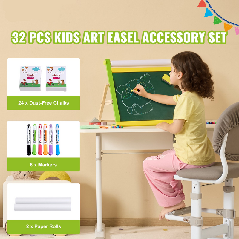 Kids Easel Accessory Set – 32 Piece Art Painting Kit with Chalk, Markers & Paper Rolls