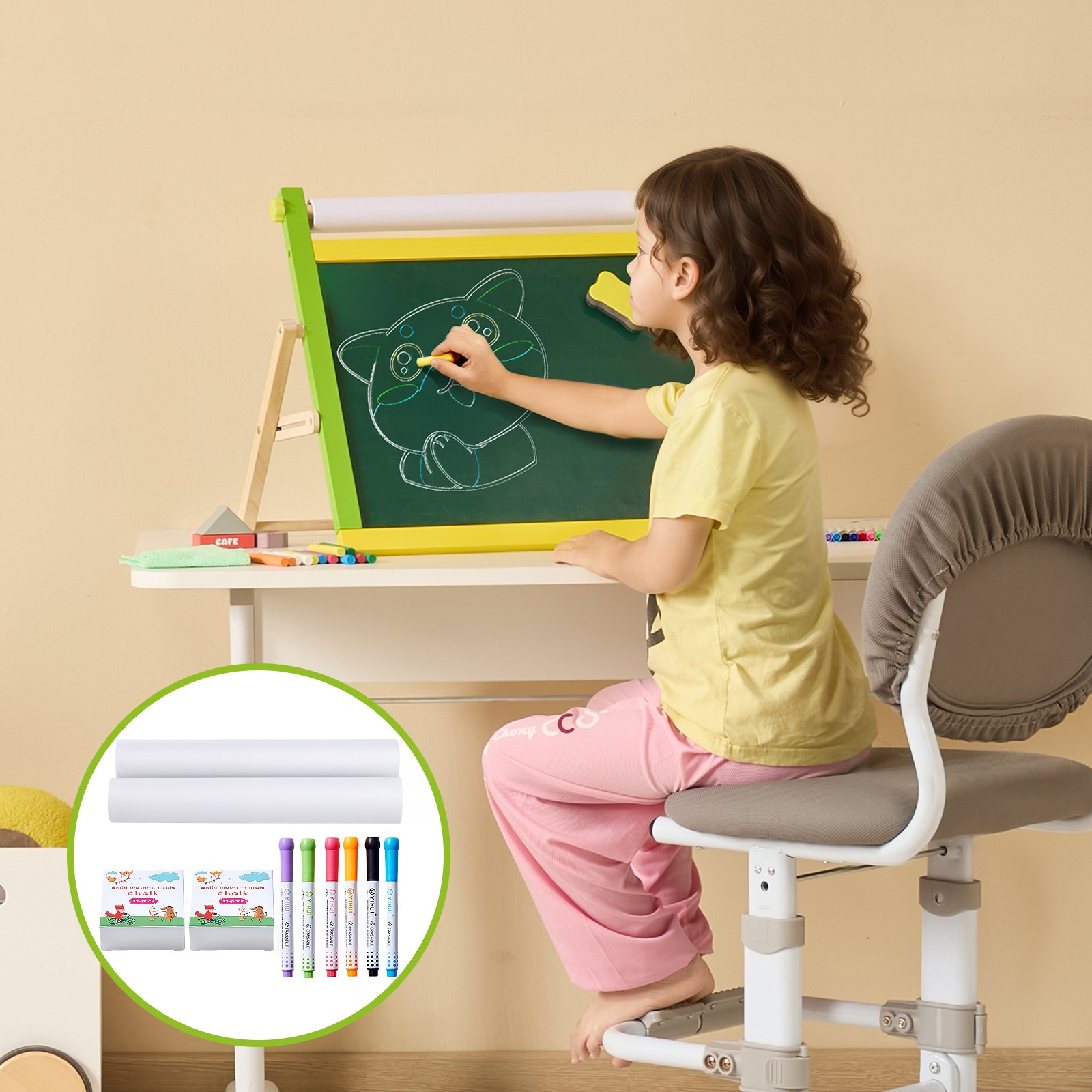 Kids Easel Accessory Set – 32 Piece Art Painting Kit with Chalk, Markers & Paper Rolls