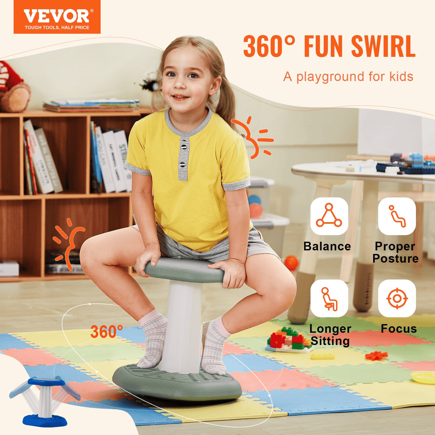 VEVOR Kids Wobble Chair Active Chair with Sponge Cushion, Wobble Stool Improves Focus, Posture and Calm Children, Ideal for Schools and Preschools, Age 3-7, Green - The Little Big Store