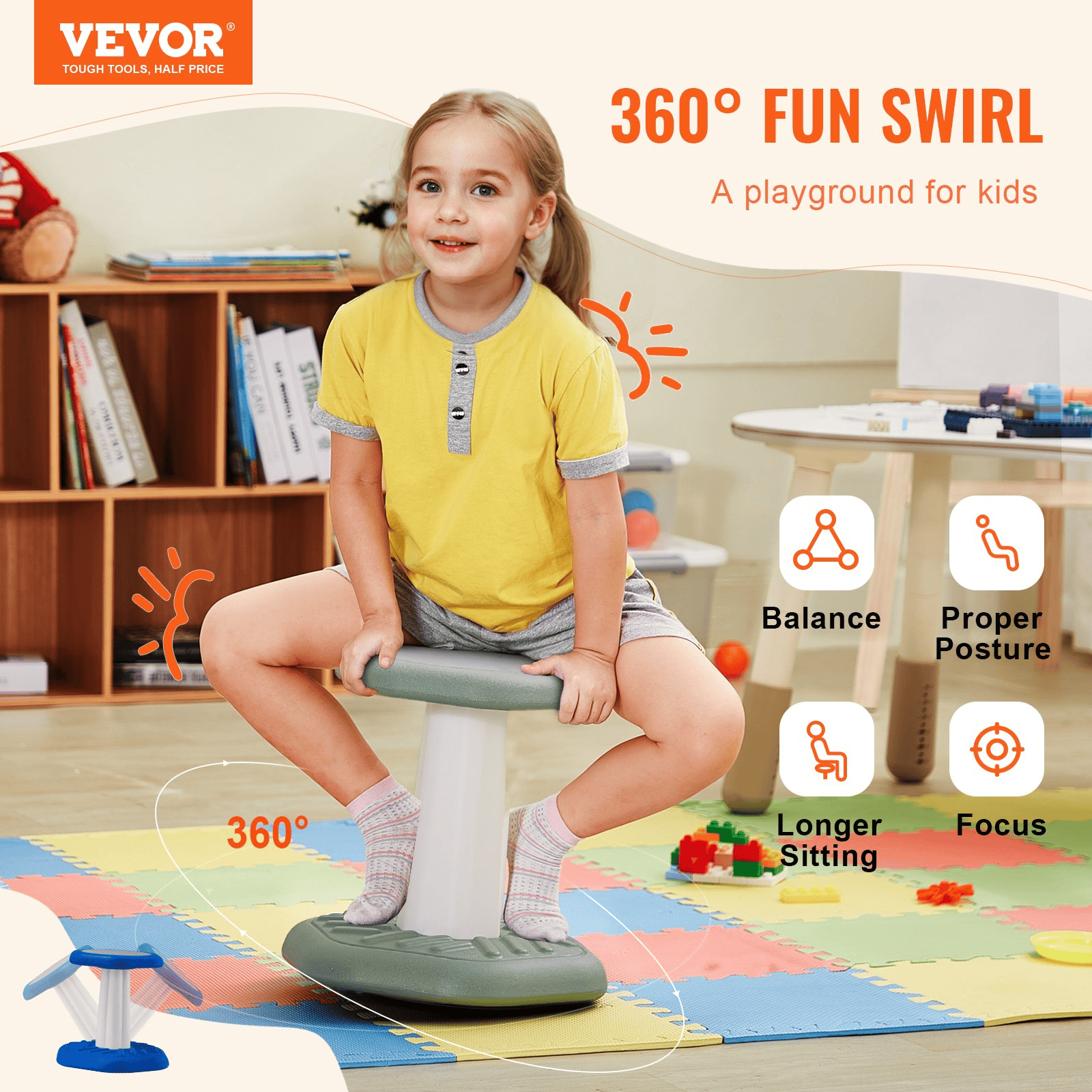 VEVOR Kids Wobble Chair Active Chair with Sponge Cushion, Wobble Stool Improves Focus, Posture and Calm Children, Ideal for Schools and Preschools, Age 3-7, Green - The Little Big Store