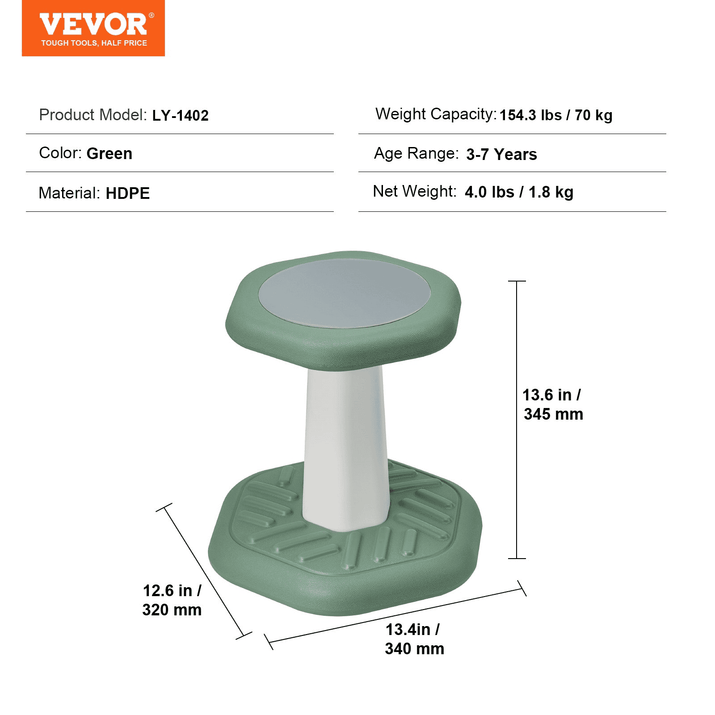 VEVOR Kids Wobble Chair Active Chair with Sponge Cushion, Wobble Stool Improves Focus, Posture and Calm Children, Ideal for Schools and Preschools, Age 3-7, Green - The Little Big Store