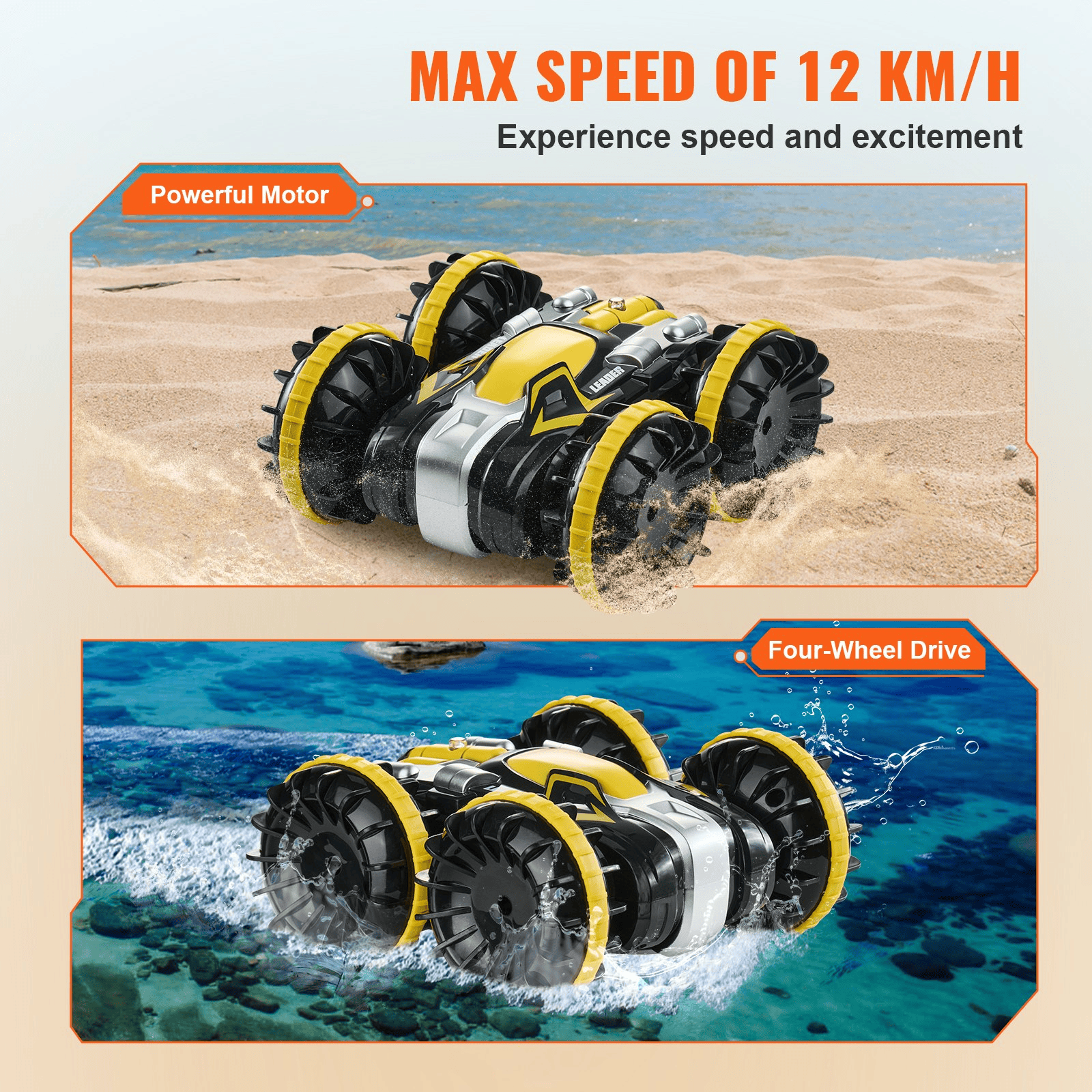 VEVOR Amphibious Remote Control Car Boat 2.4 GHz 4WD RC Boat Kids Adults Yellow - The Little Big Store